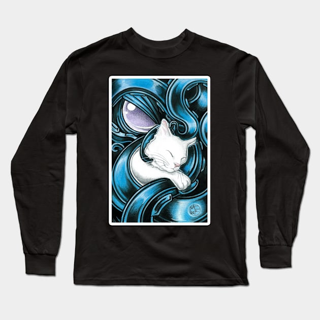 Cthulhu And White Cat Friend - White Outlined Version Long Sleeve T-Shirt by Nat Ewert Art